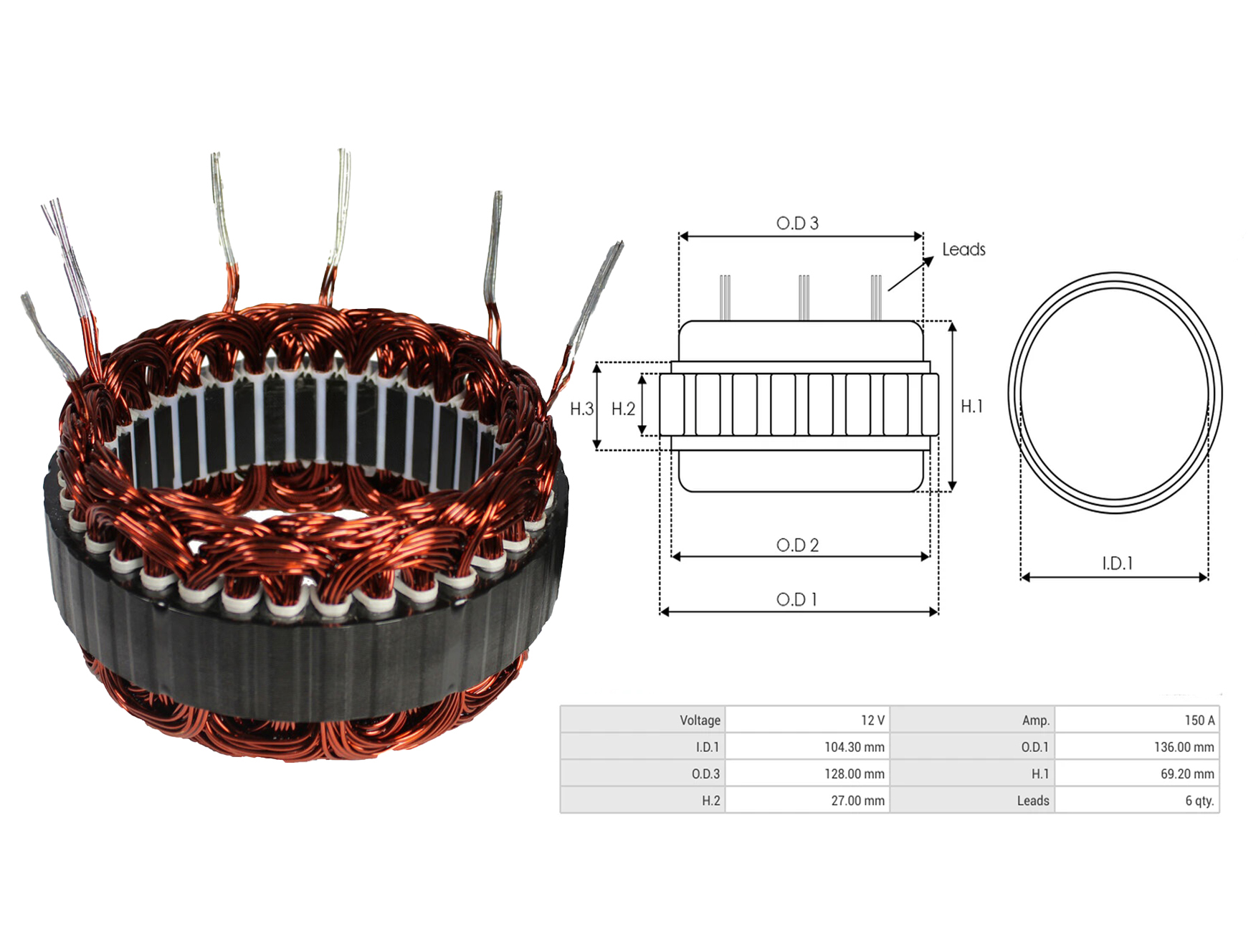 ALT. STATOR 12V 150 AMP FIAT DUCATO / PEUGEOT PARTNER / IVECO DAILY