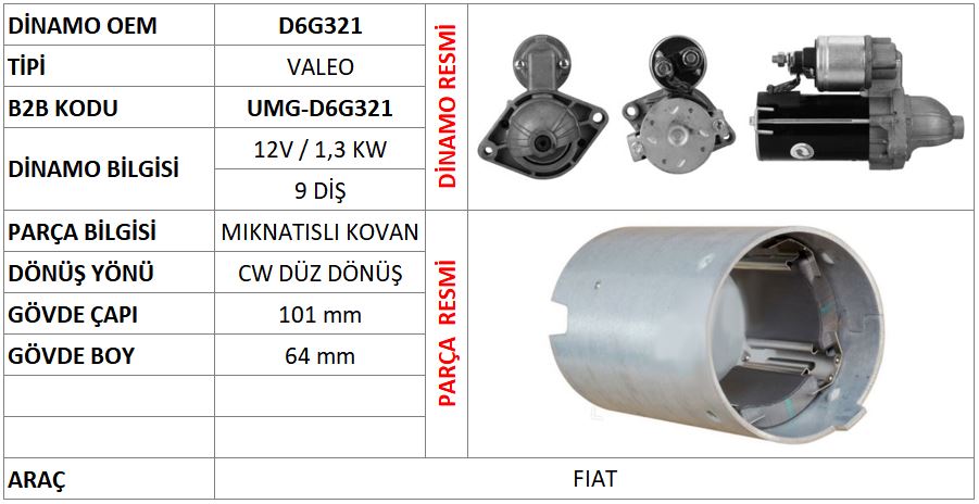 MARS GOVDESI (ORIJINAL) 12V 1,3 KW FIAT 1.3 MULTIJET / LANCIA 1.3 CDTI / OPEL 1.3 CDTI (D6G321 - UMM-3220 - ASR-S